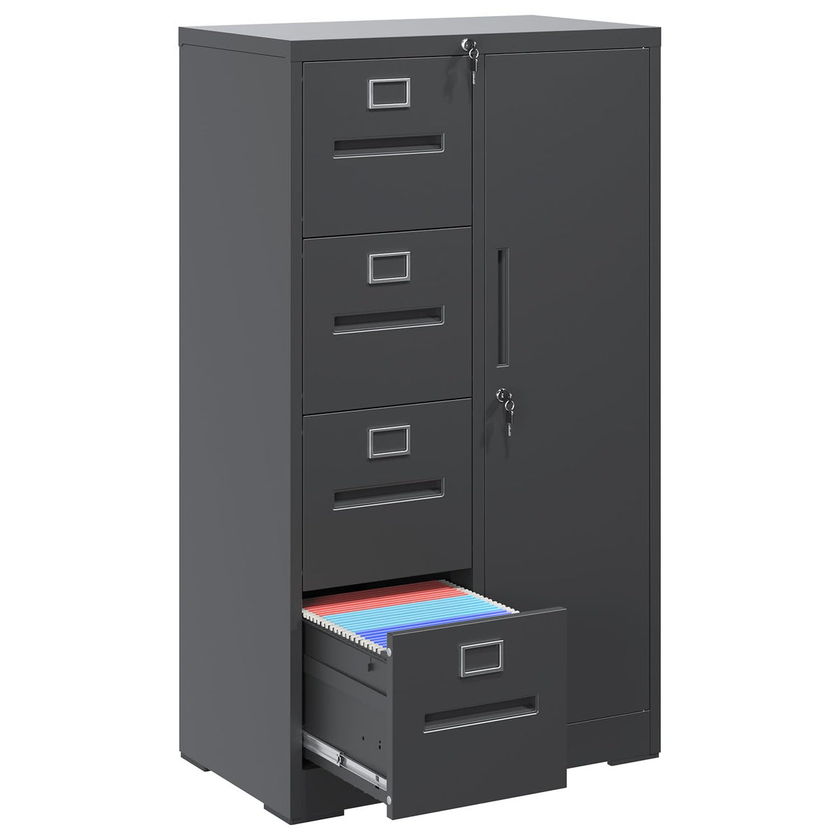 4 Drawer Vertical File Cabinet with Lock and Storage Shelves Black R55354