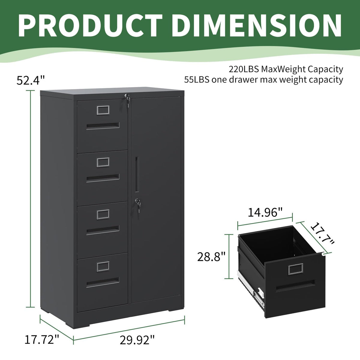 4 Drawer Vertical File Cabinet with Lock and Storage Shelves Black R55354