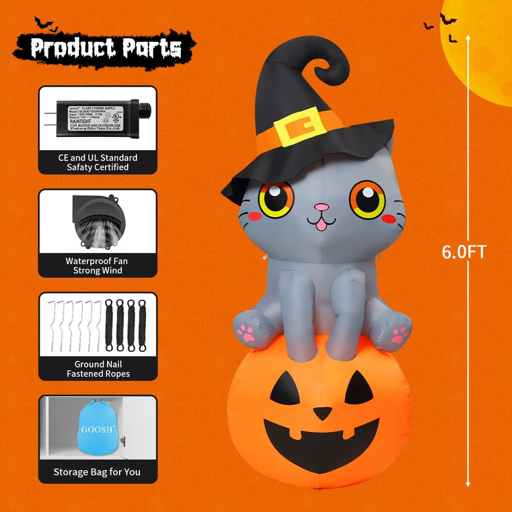 6 FT Halloween Inflatables Cat with Built-in LEDs H2208