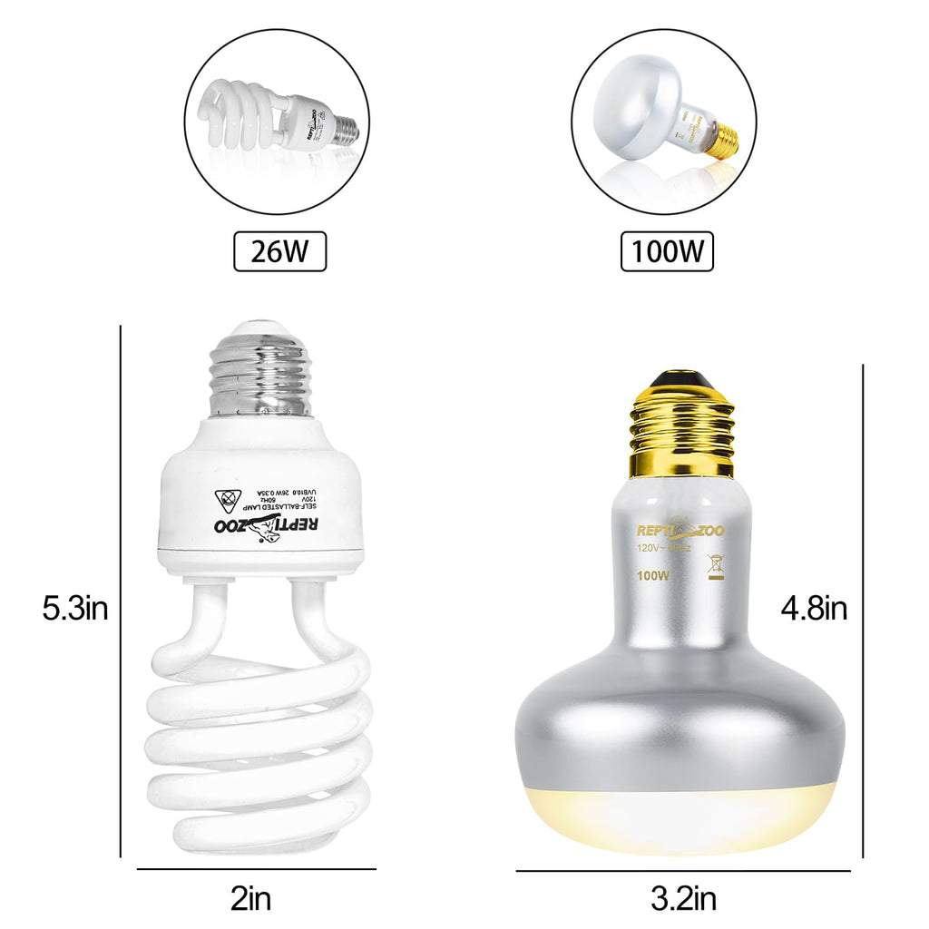 Reptile Heat Lamp Combo Pack with Dual Light Fixture, 100W Basking Spot Light & 26W UVA UVB Bulb H652