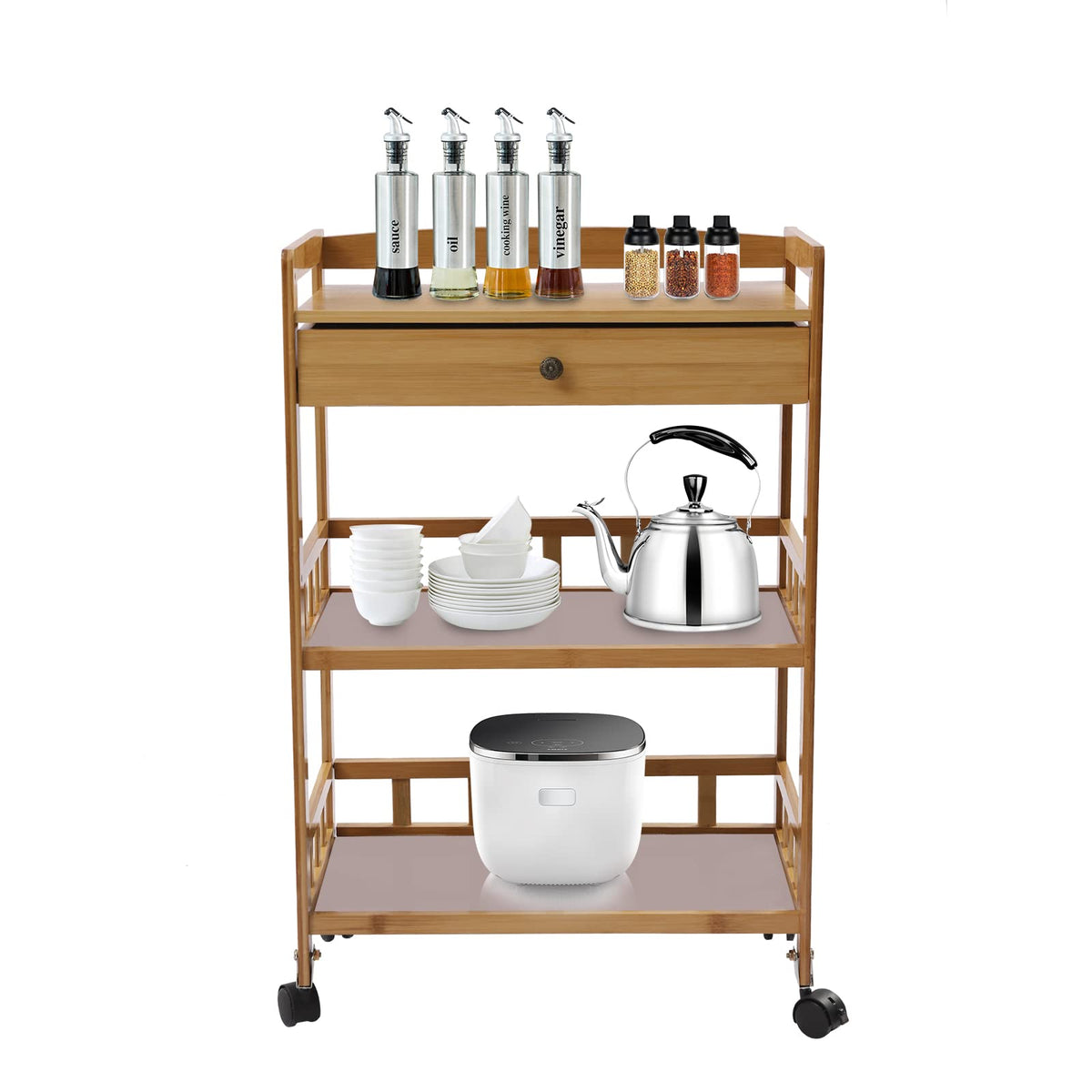 3-Tier Bamboo Rolling Kitchen Cart with Drawer Y161