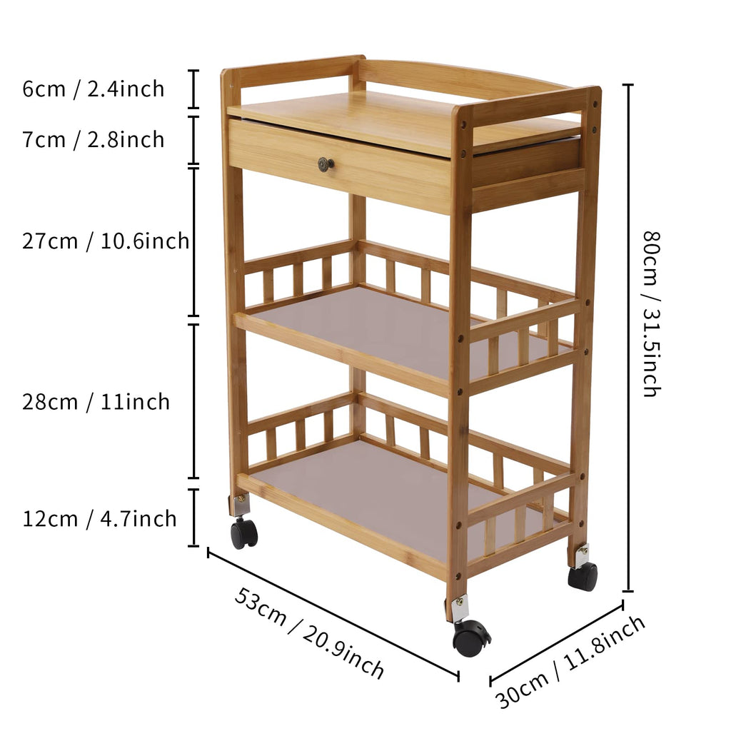 3-Tier Bamboo Rolling Kitchen Cart with Drawer Y161