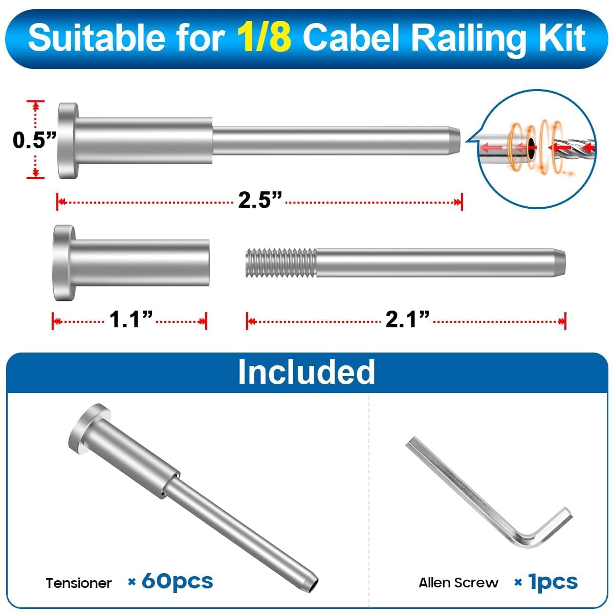 60 Pack T316 Stainless Steel 1/8" Cable Railing Kit K36566