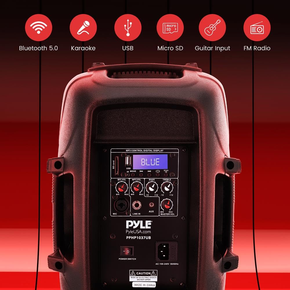 1000W Bluetooth PA System Speakers with 10 Inch Subwoofer and USB, Black O7060