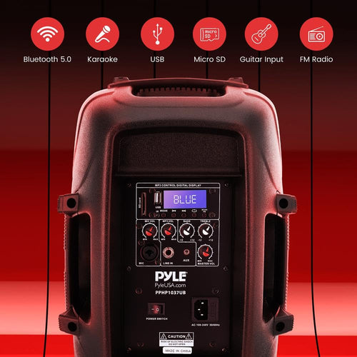 1000W Bluetooth PA System Speakers with 10 Inch Subwoofer and USB, Black O7060