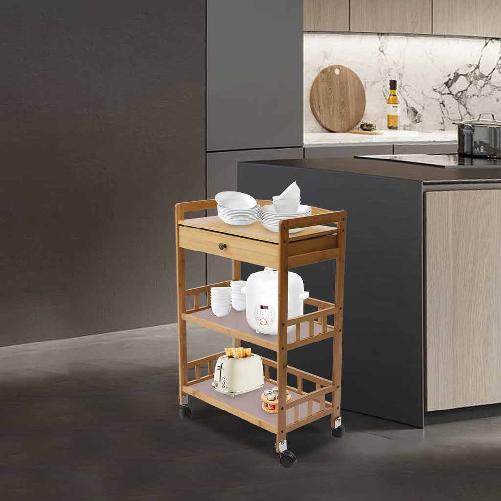 3-Tier Bamboo Rolling Kitchen Cart with Drawer Y161