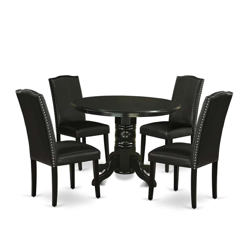 5 Piece Round Dining Table Set with 4 Black Faux Leather Chairs H9259