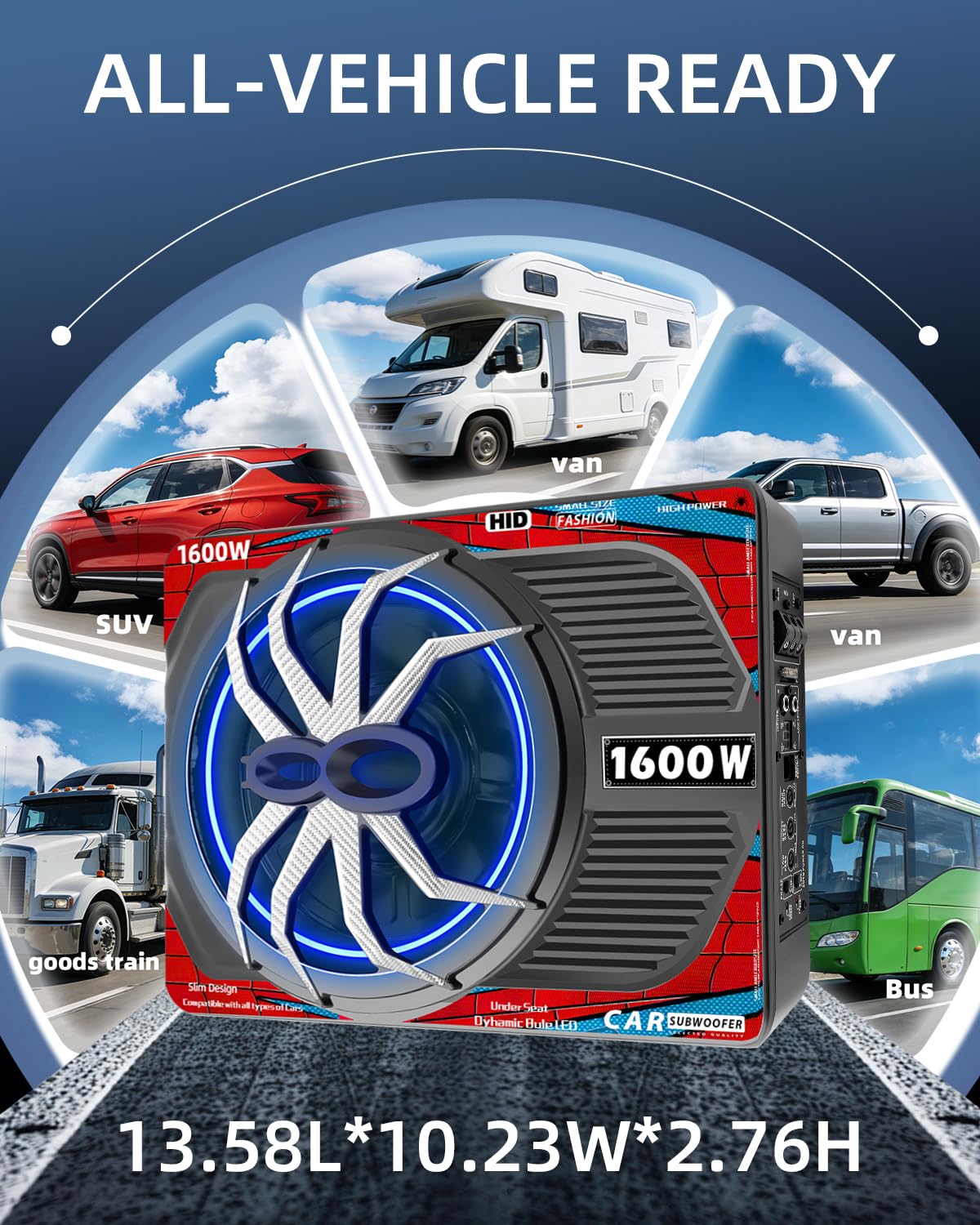 1600W Slim Underseat Car Subwoofer and Amp with RGB Light H65723
