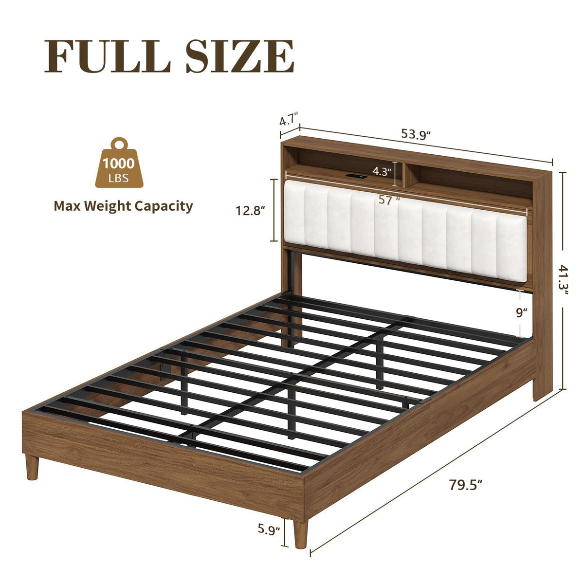Wood Full Size Bed Frame with Charging Station & LED Lights Y48680