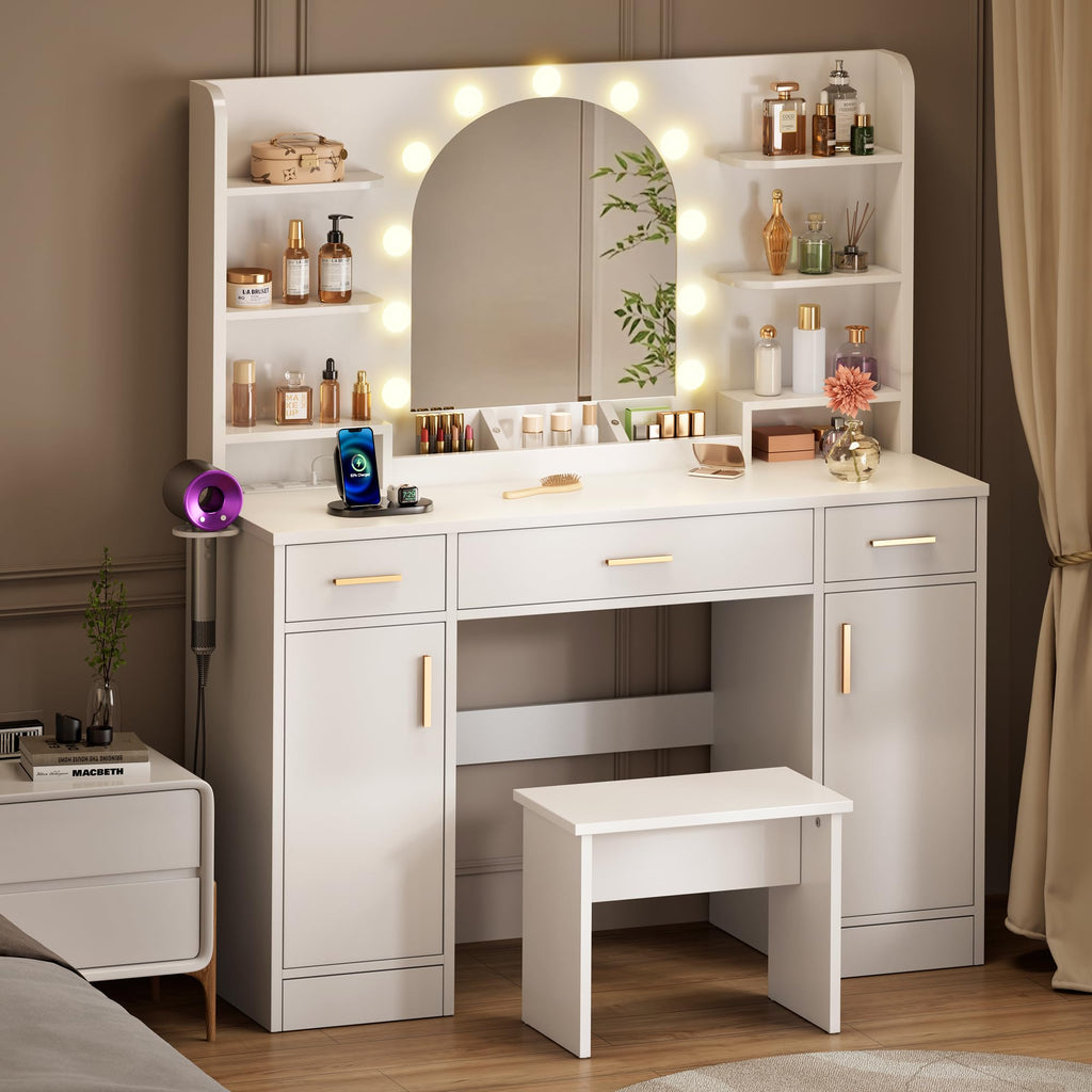 White Vanity Desk with Mirror and Lights R877