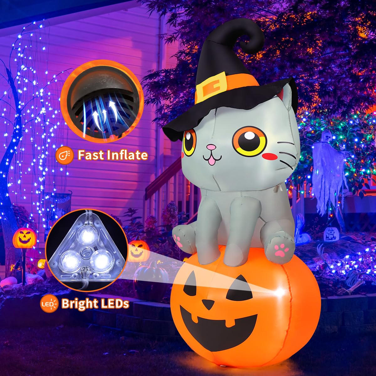 6 FT Halloween Inflatables Cat with Built-in LEDs H2208