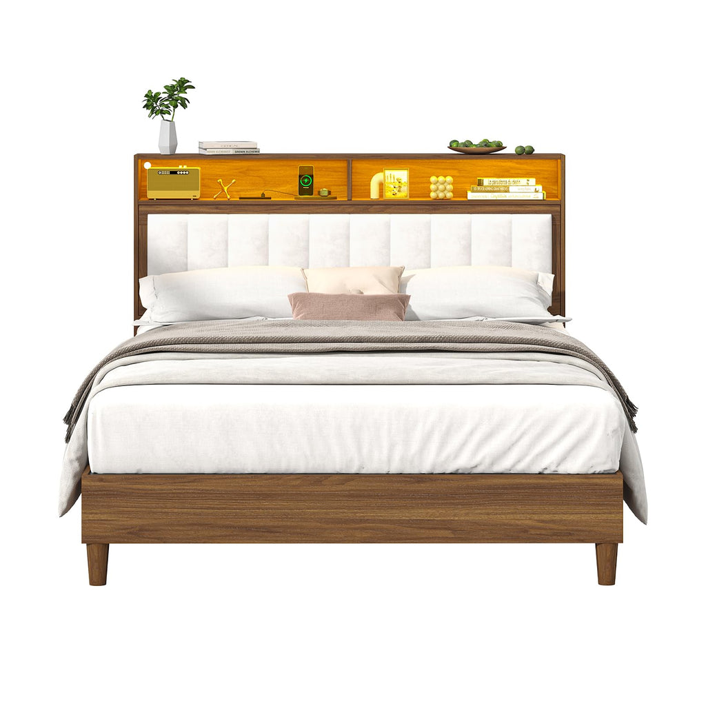 Wood Full Size Bed Frame with Charging Station & LED Lights Y48680