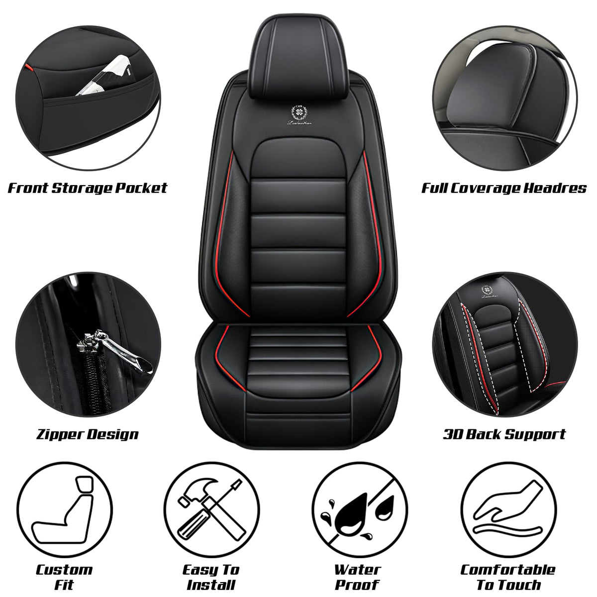 Waterproof Nappa Leather Car Seat Covers Standard 5 Seats Black & Red Y1265