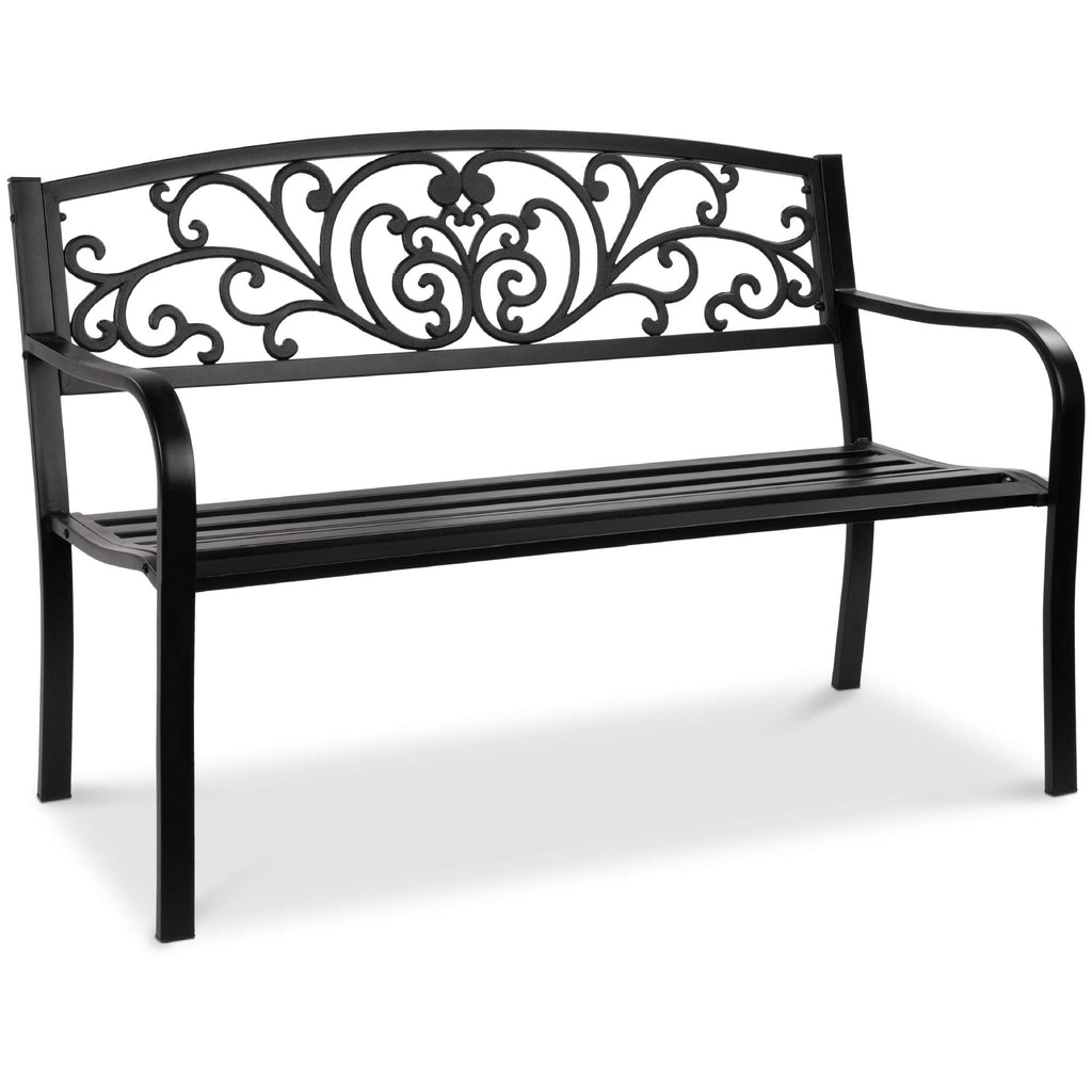 Black Steel Outdoor Bench with Floral Backrest R940237