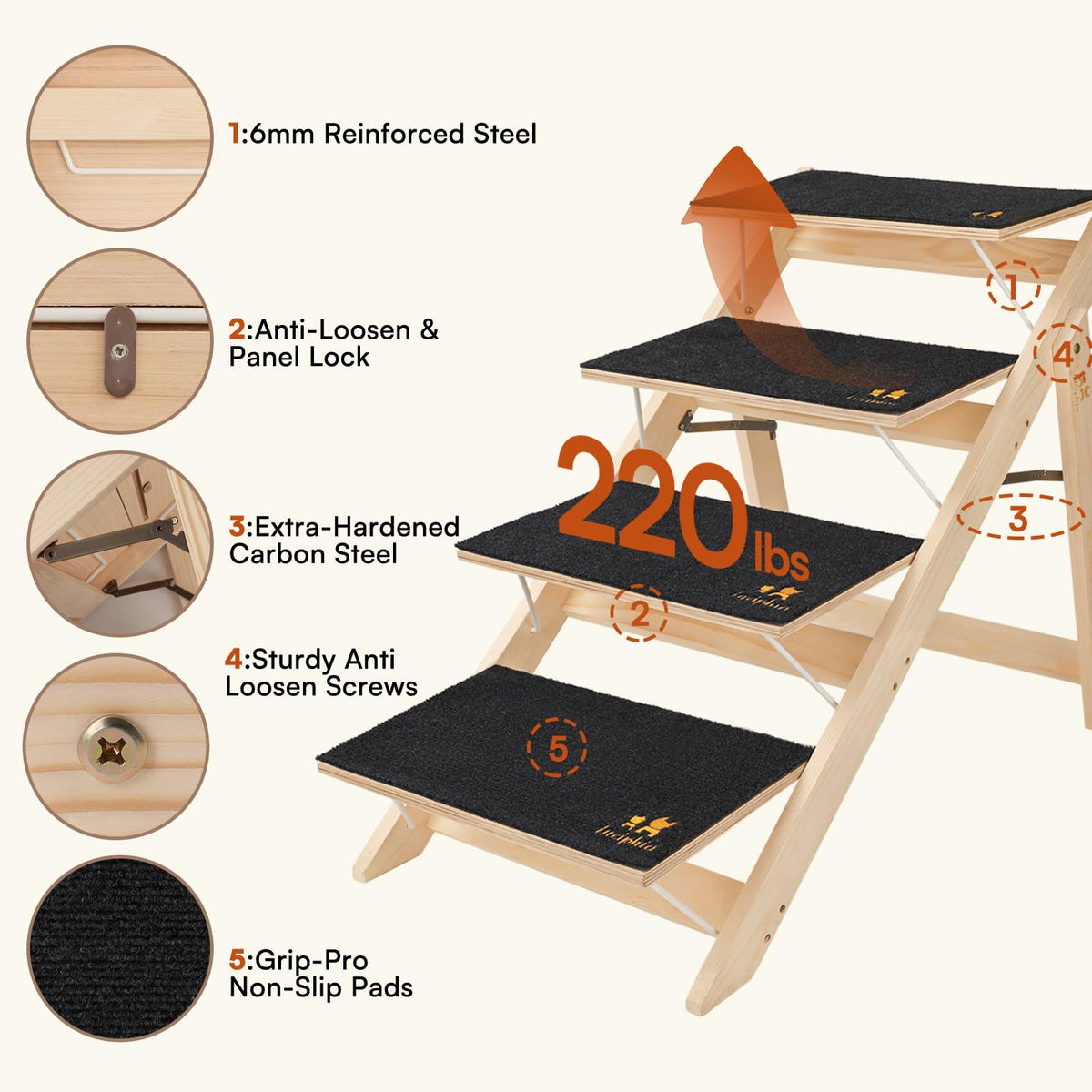 Wooden 4-Step Foldable Anti-Slip Dog Stairs D1388