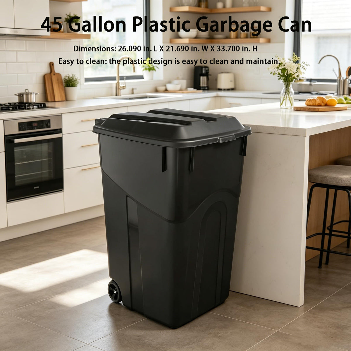 Black 45 Gallon Wheeled Plastic Garbage Can with Lid A891