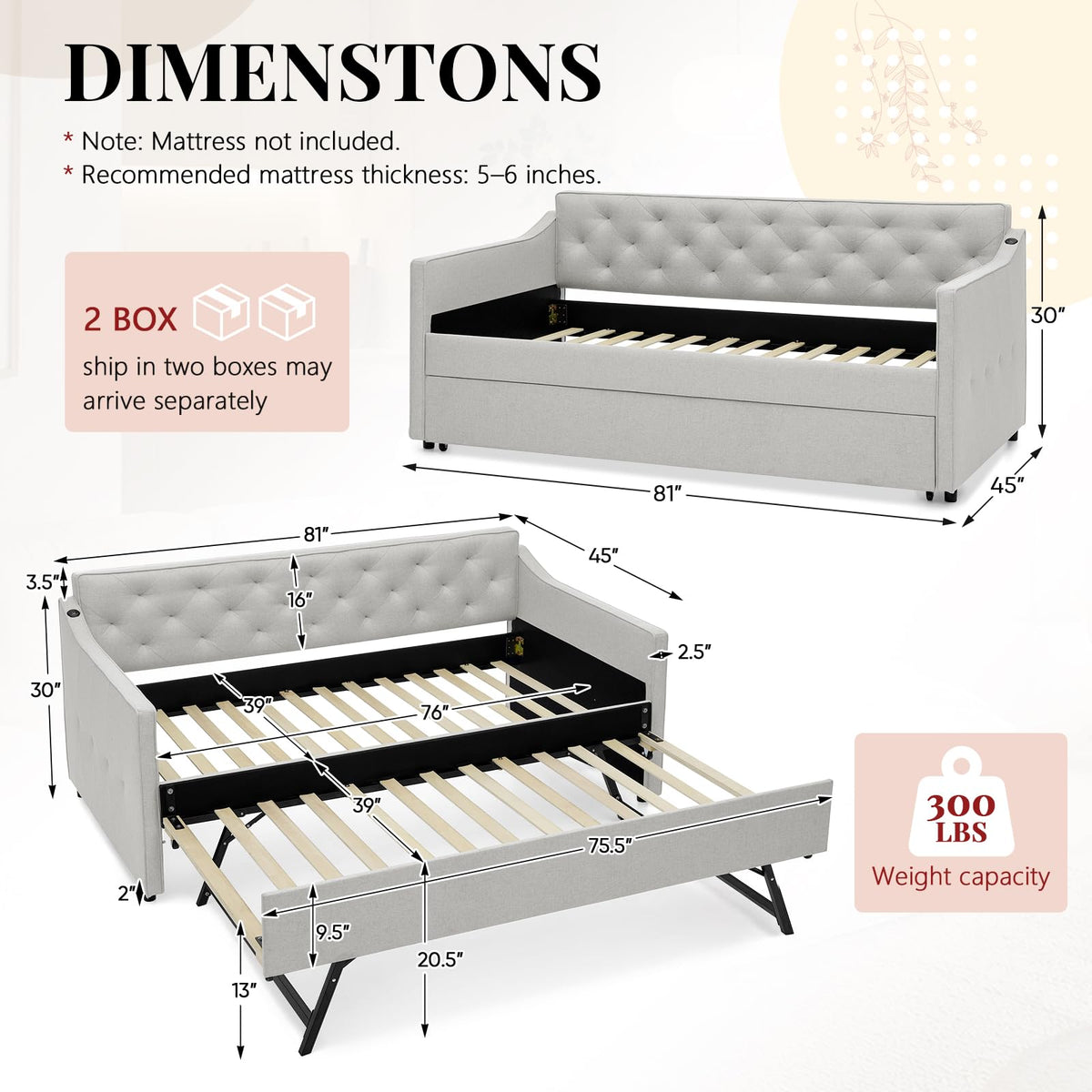 Twin to King Size Beige Daybed with Pop Up Trundle H702