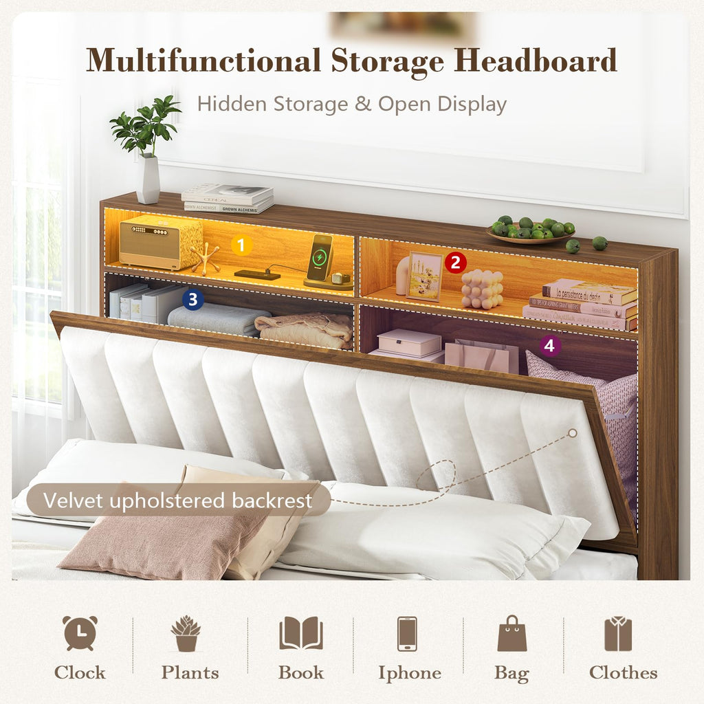 Wood Full Size Bed Frame with Charging Station & LED Lights Y48680