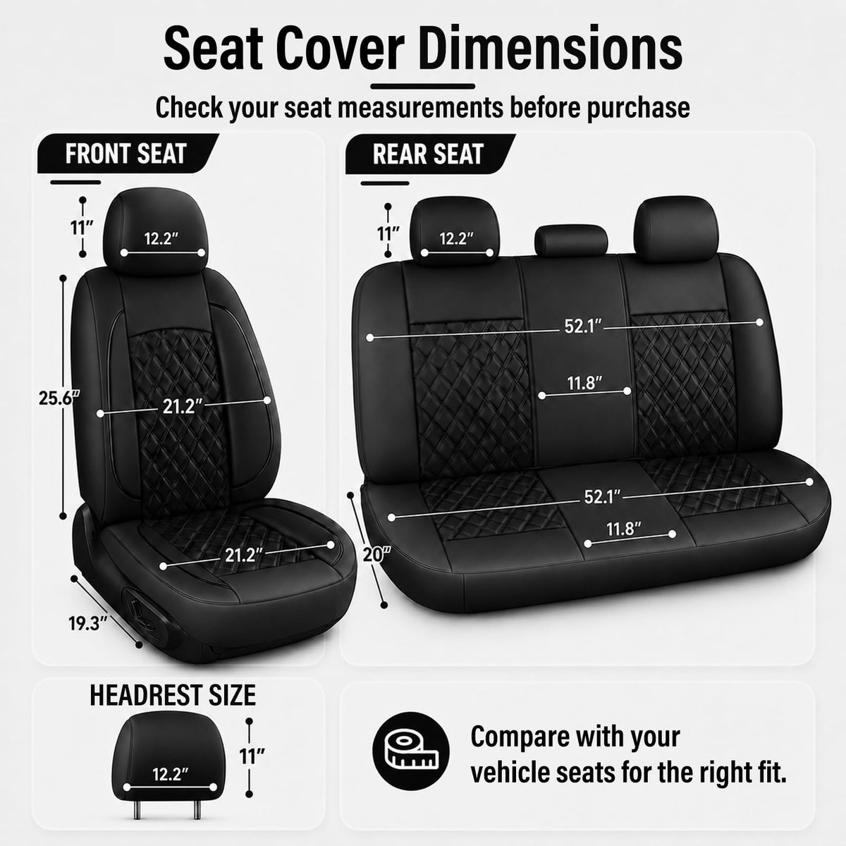 Black Nappa Leather Car Seat Covers Full Set A3981