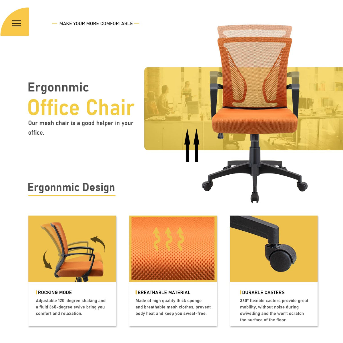 Orange Mid Back Mesh Ergonomic Office Chair with Armrest J537