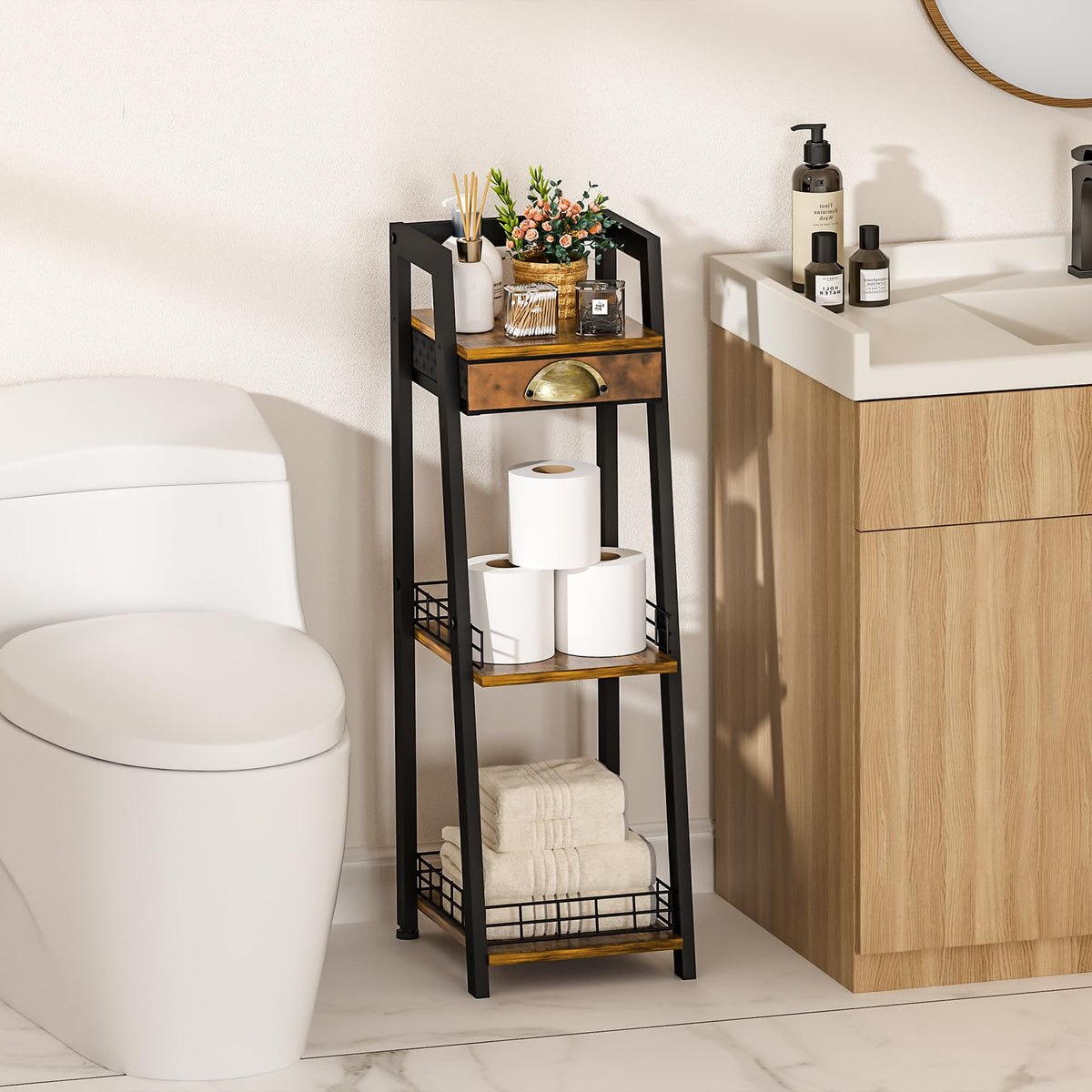 3-Tier Narrow Bathroom Shelves with Drawer E6960