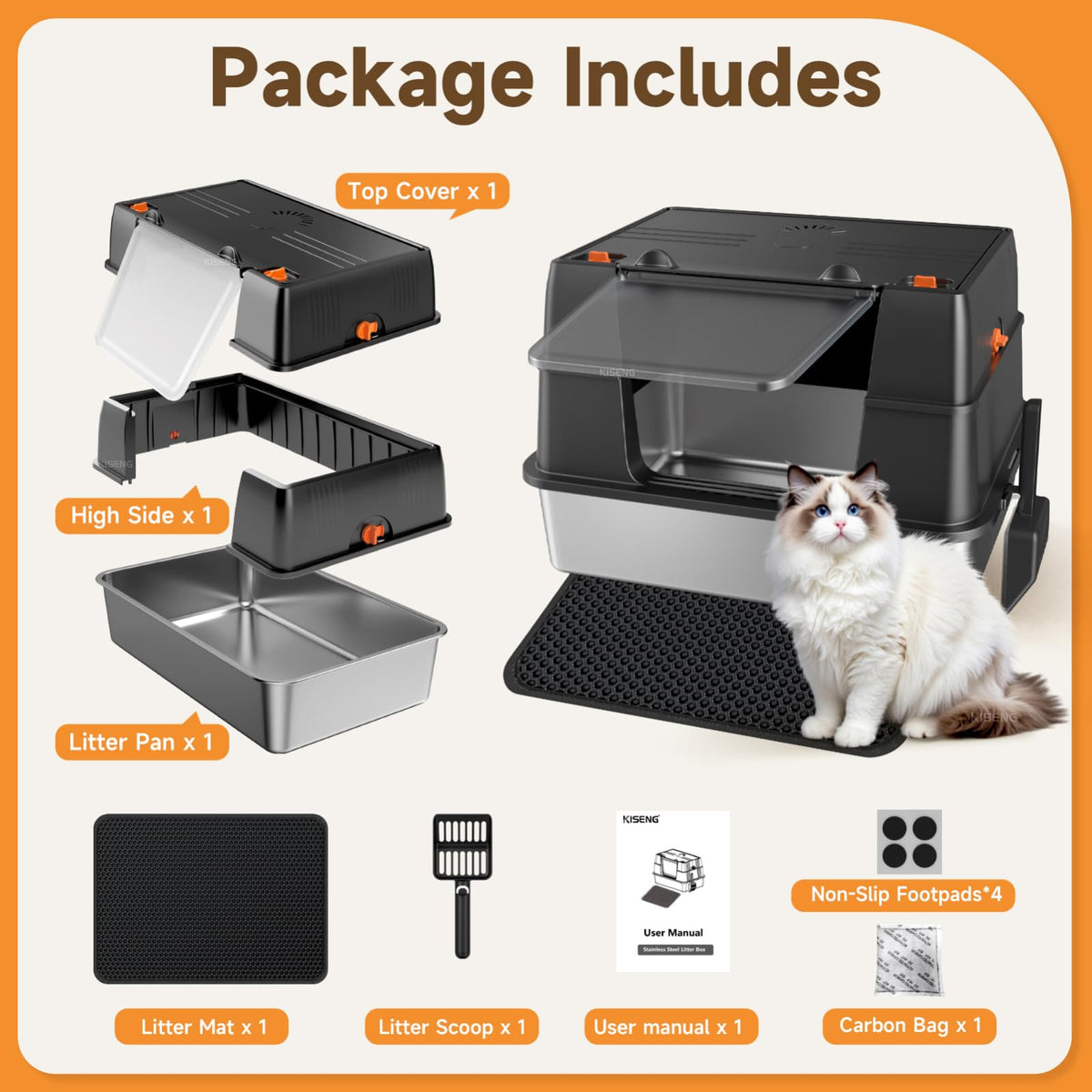Stainless Steel High Sided Enclosed Litter Box with Lid M247