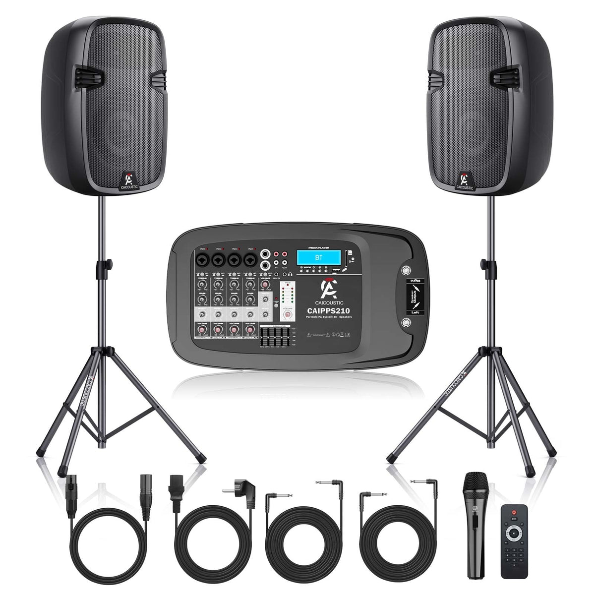 Portable 8-Channel PA System with Bluetooth and 2 Speaker Stands S176