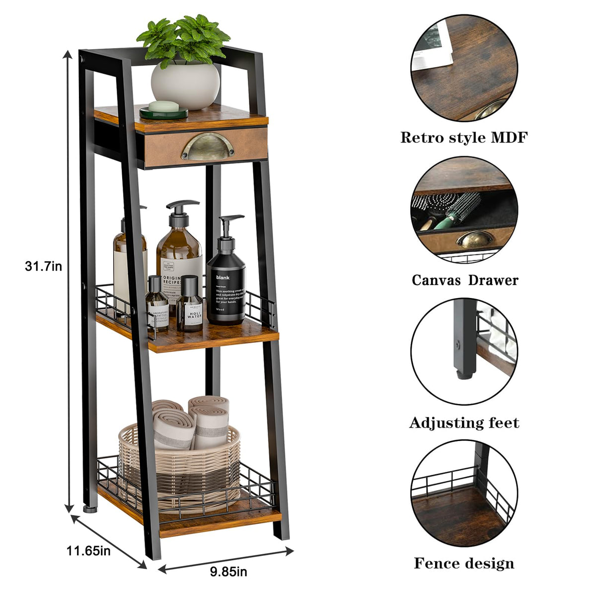 3-Tier Narrow Bathroom Shelves with Drawer E6960