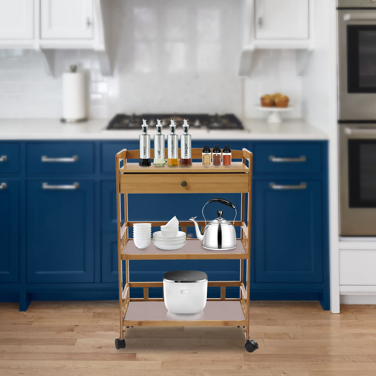 3-Tier Bamboo Rolling Kitchen Cart with Drawer Y161