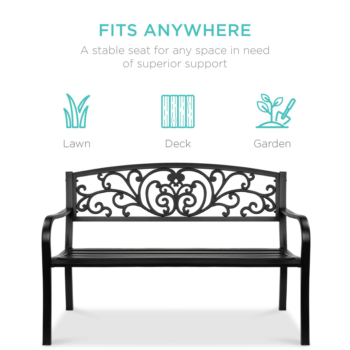 Black Steel Outdoor Bench with Floral Backrest R940237