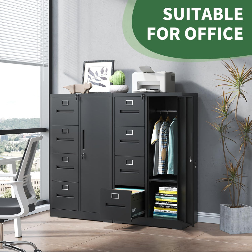 4 Drawer Vertical File Cabinet with Lock and Storage Shelves Black R55354