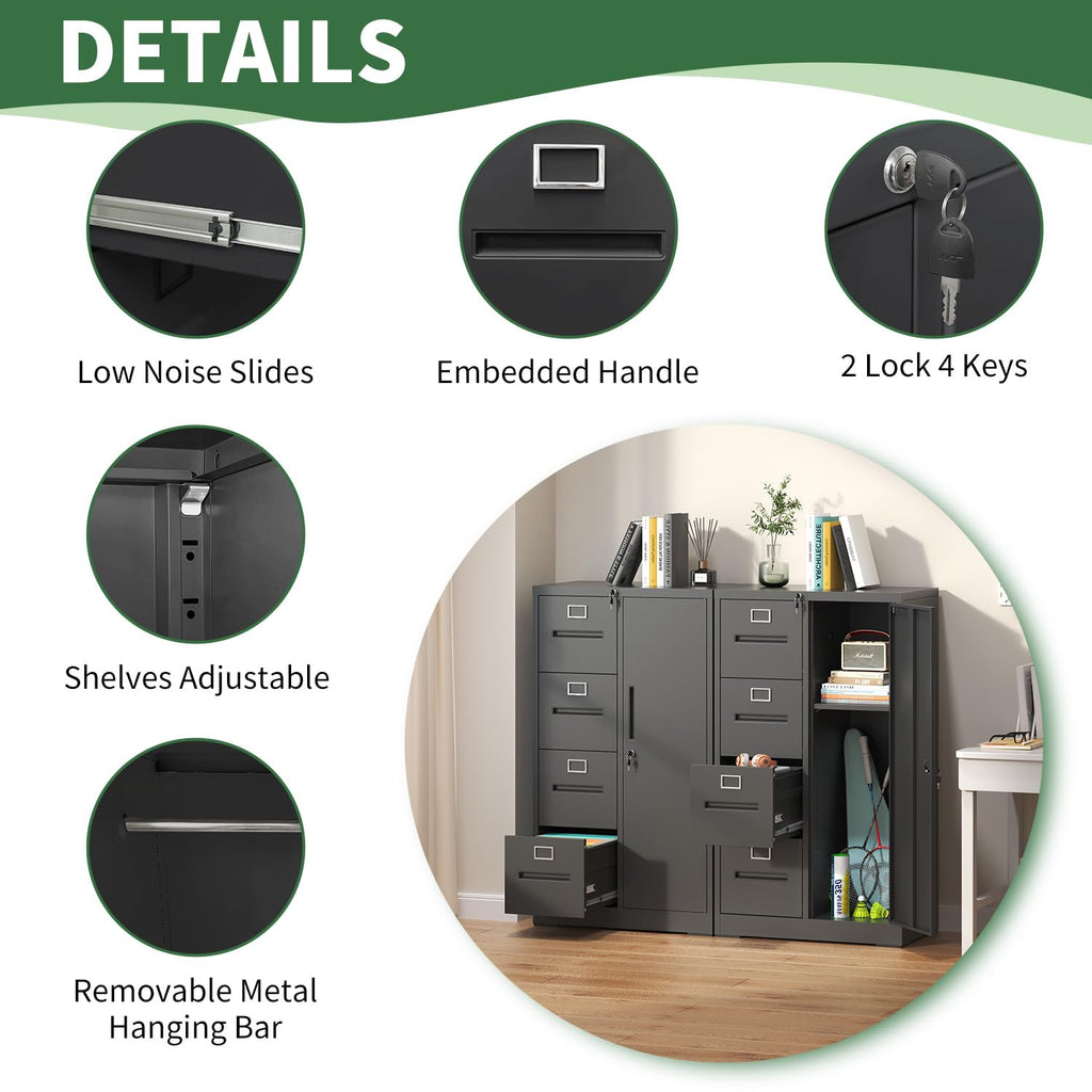 4 Drawer Vertical File Cabinet with Lock and Storage Shelves Black R55354