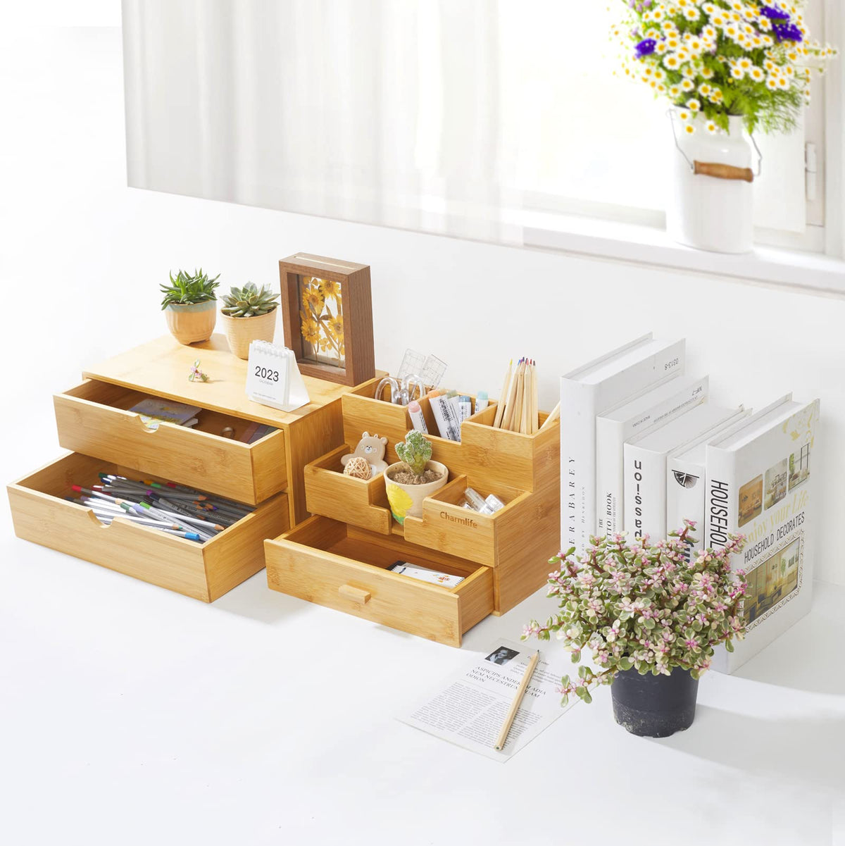 Bamboo Desk Organizer with Drawers F6488