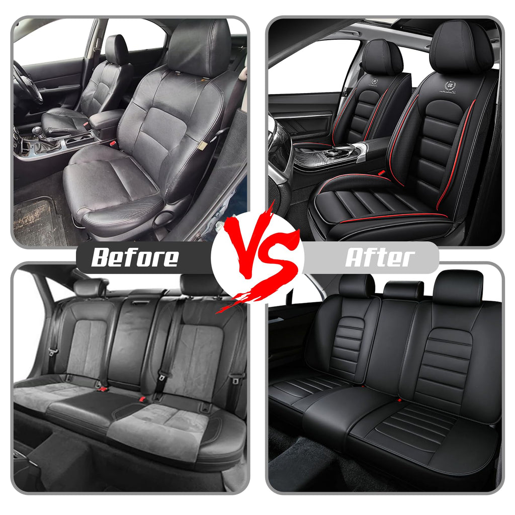 Waterproof Nappa Leather Car Seat Covers Standard 5 Seats Black & Red Y1265