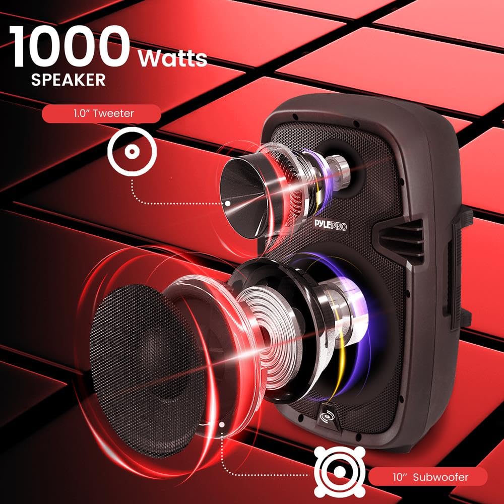 1000W Bluetooth PA System Speakers with 10 Inch Subwoofer and USB, Black O7060