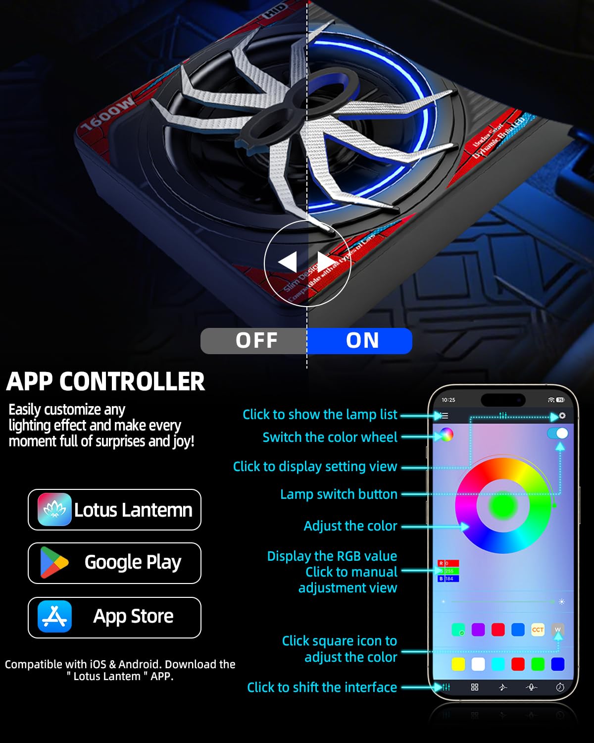 1600W Slim Underseat Car Subwoofer and Amp with RGB Light H65723