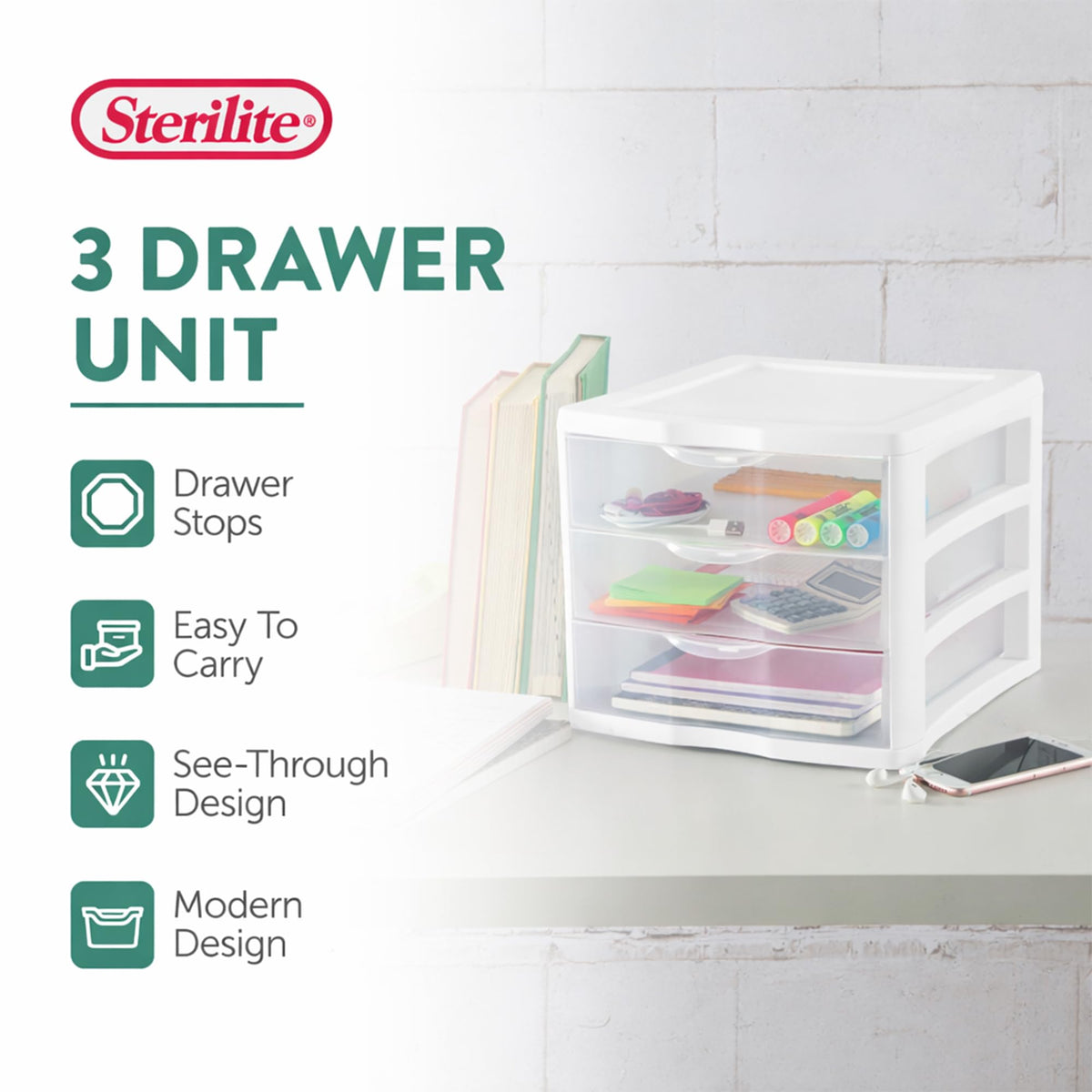 White Plastic 3 Drawer Desktop Storage Unit E60584