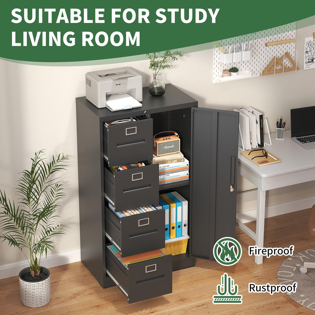 4 Drawer Vertical File Cabinet with Lock and Storage Shelves Black R55354