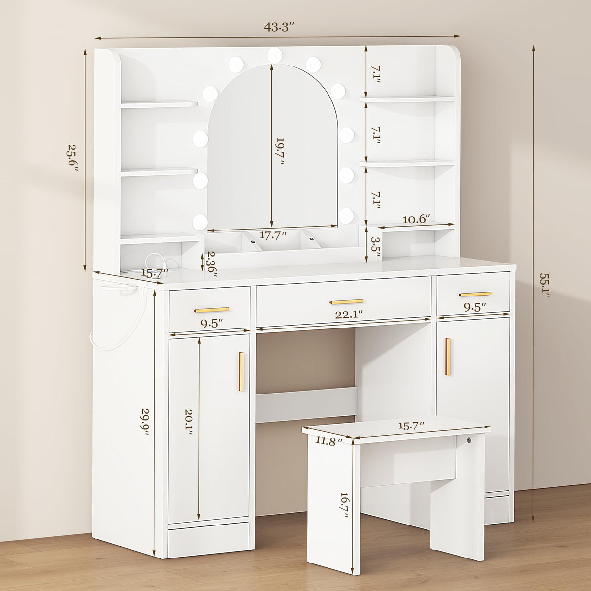 White Vanity Desk with Mirror and Lights R877