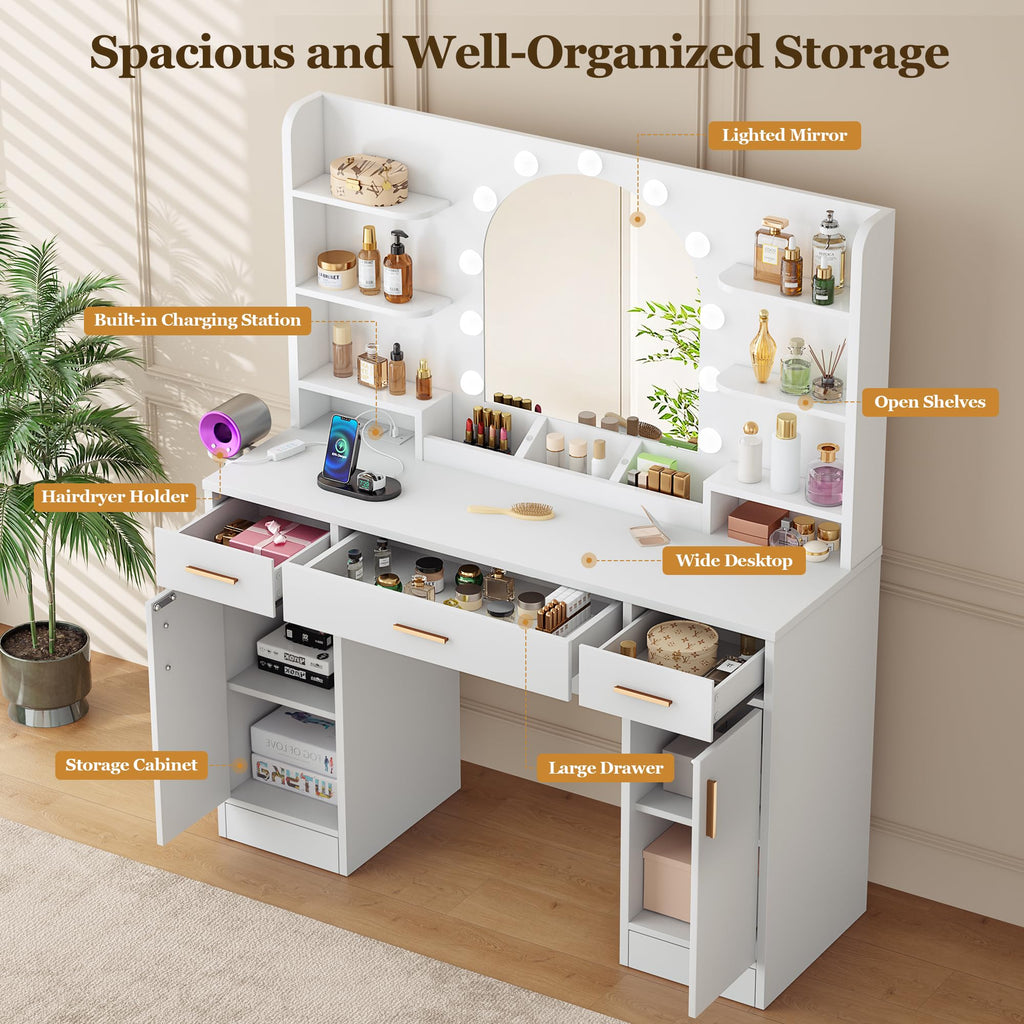 White Vanity Desk with Mirror and Lights R877