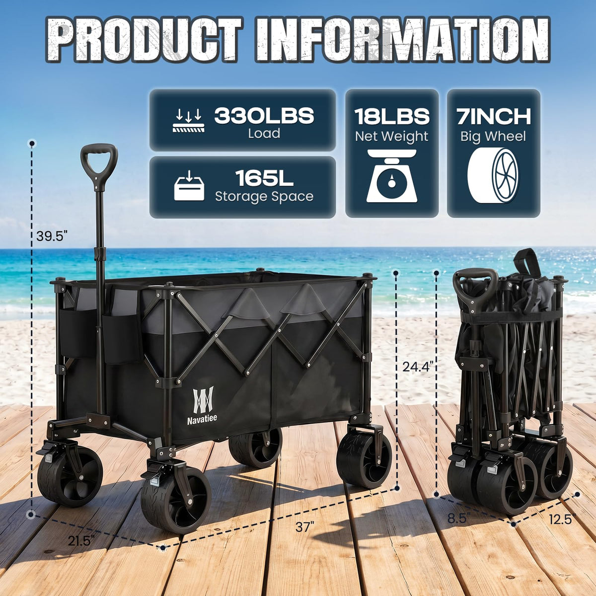 Collapsible Folding Wagon Cart with Big Wheels, Black F815