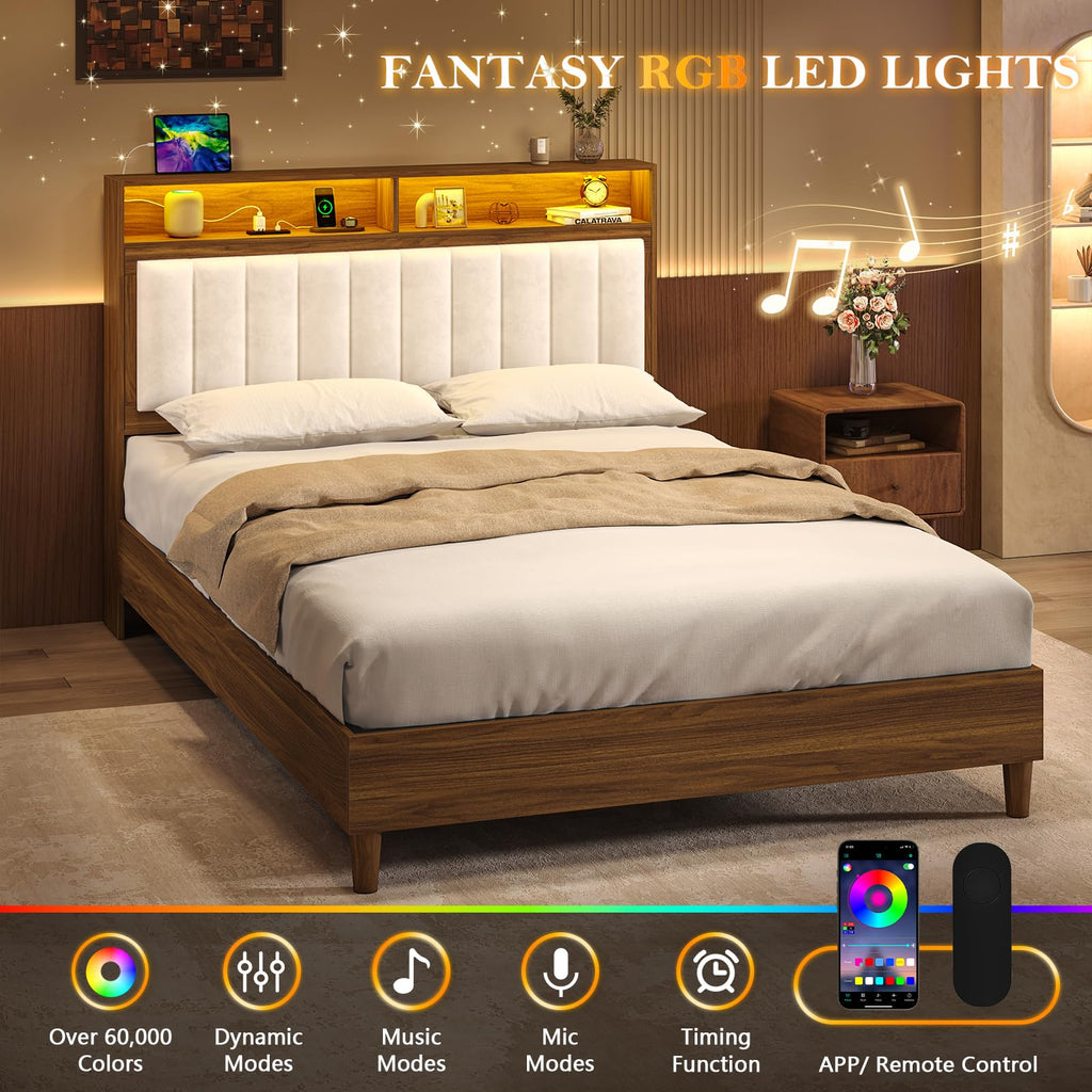 Wood Full Size Bed Frame with Charging Station & LED Lights Y48680