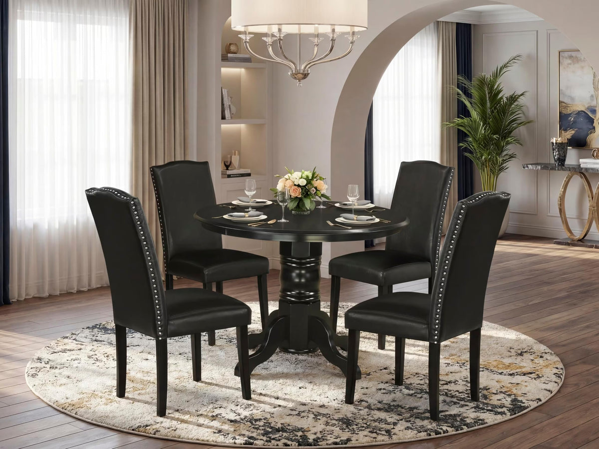 5 Piece Round Dining Table Set with 4 Black Faux Leather Chairs H9259