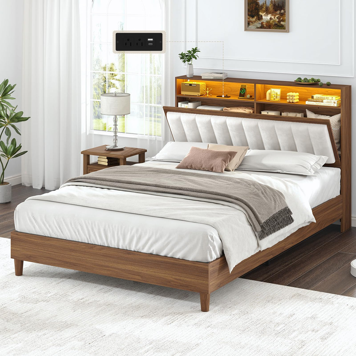 Wood Full Size Bed Frame with Charging Station & LED Lights Y48680