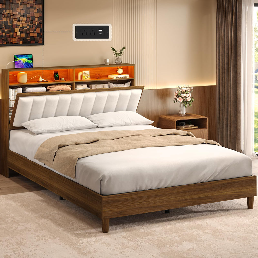 Wood Full Size Bed Frame with Charging Station & LED Lights Y48680