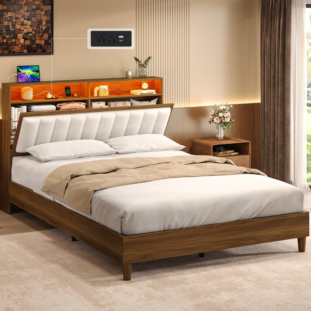 Wood Full Size Bed Frame with Charging Station & LED Lights Y48680