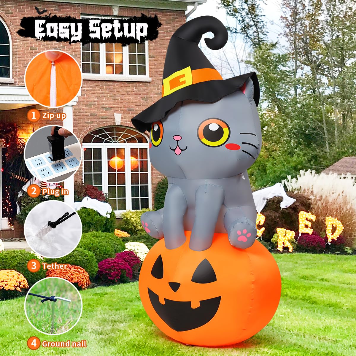 6 FT Halloween Inflatables Cat with Built-in LEDs H2208