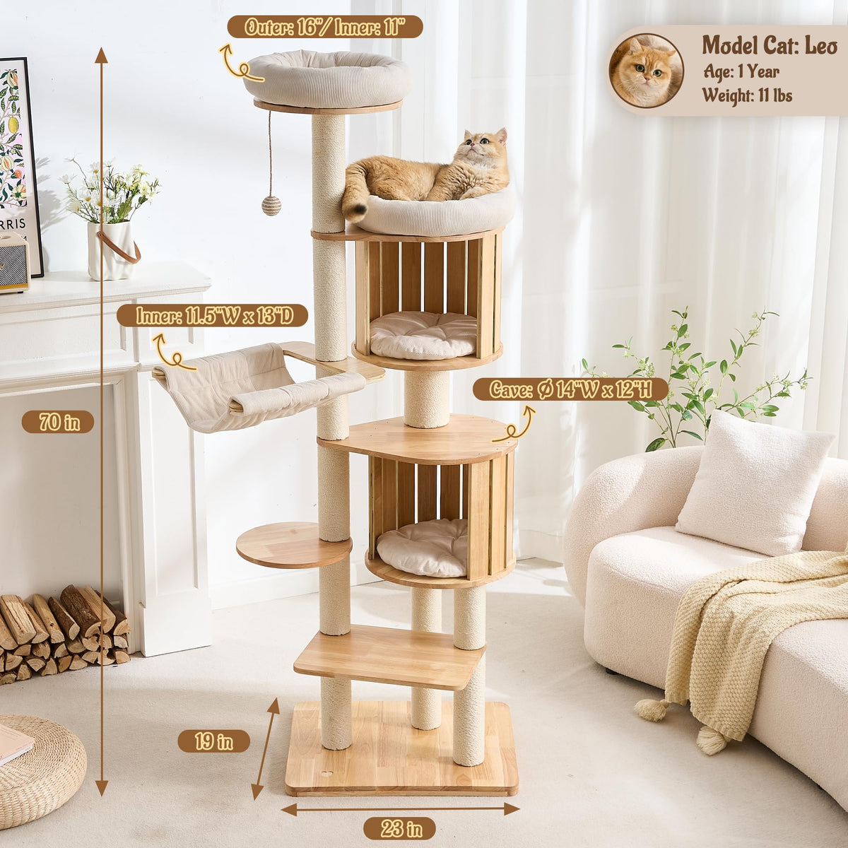 70" Wood Cat Tree with 2 Cat Caves T354