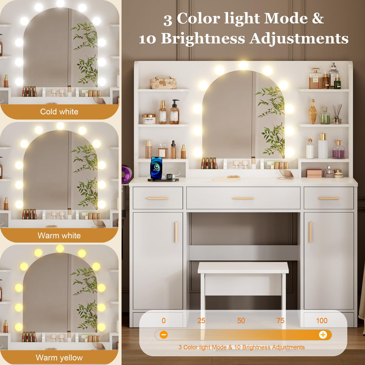 White Vanity Desk with Mirror and Lights R877