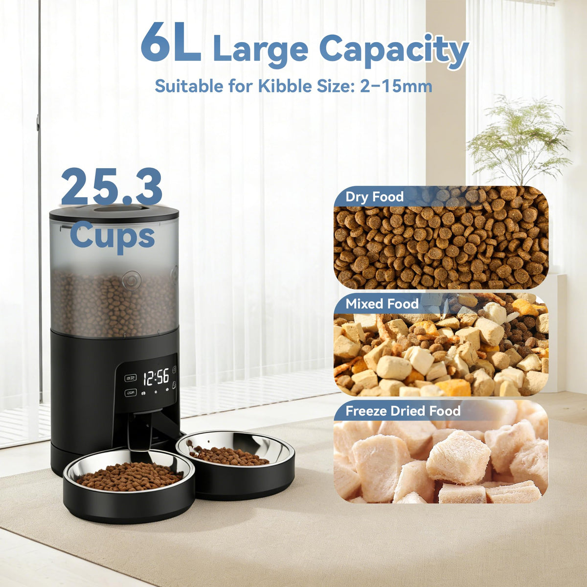 Automatic Cat Feeder for 2 Cats, 6L Black E624